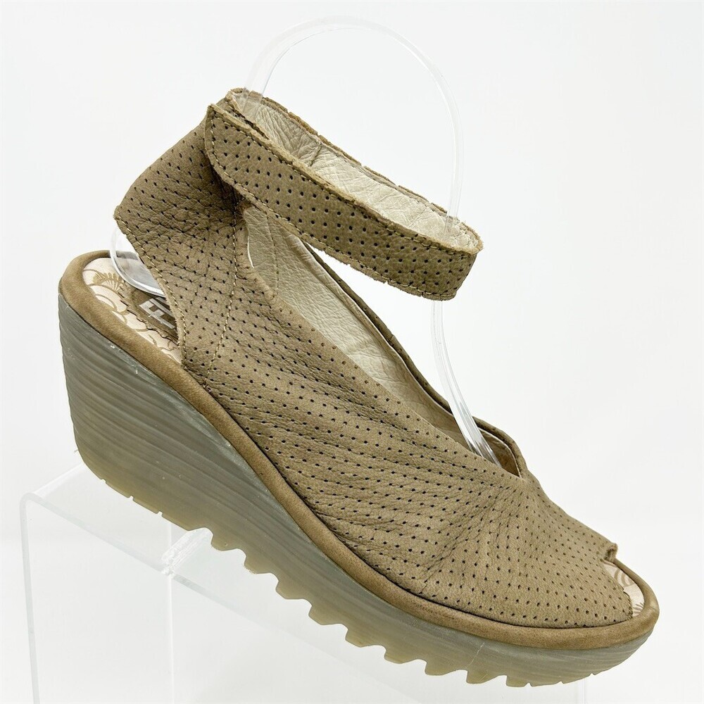 FLY London Yala Perforated Platform Wedge Sandals Womens Taupe Olive Size 39